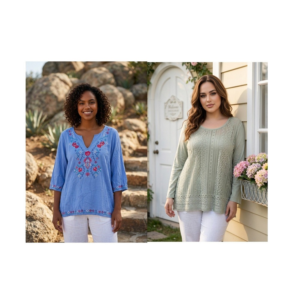 2 Woman Within Tops Women 3X Blue Green Embroidered Lace Lot Boho Cottage NEW